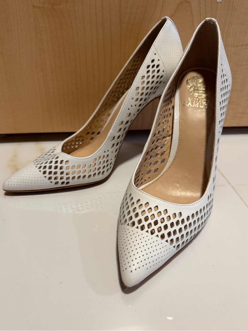 Vince Camuto White Laser-Cut Pointed Toe Pumps